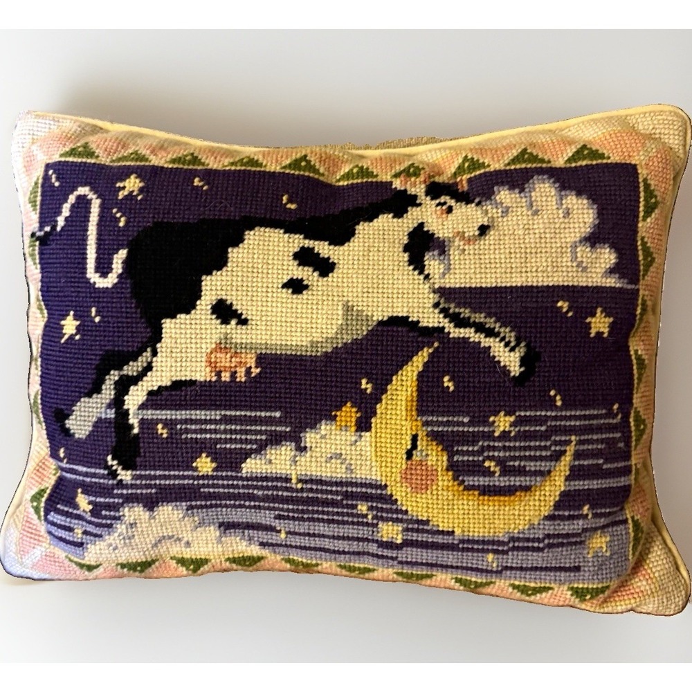 Needlepoint Pillow The Cow Jumping Over The Moon Stars Cotton Rectangular
